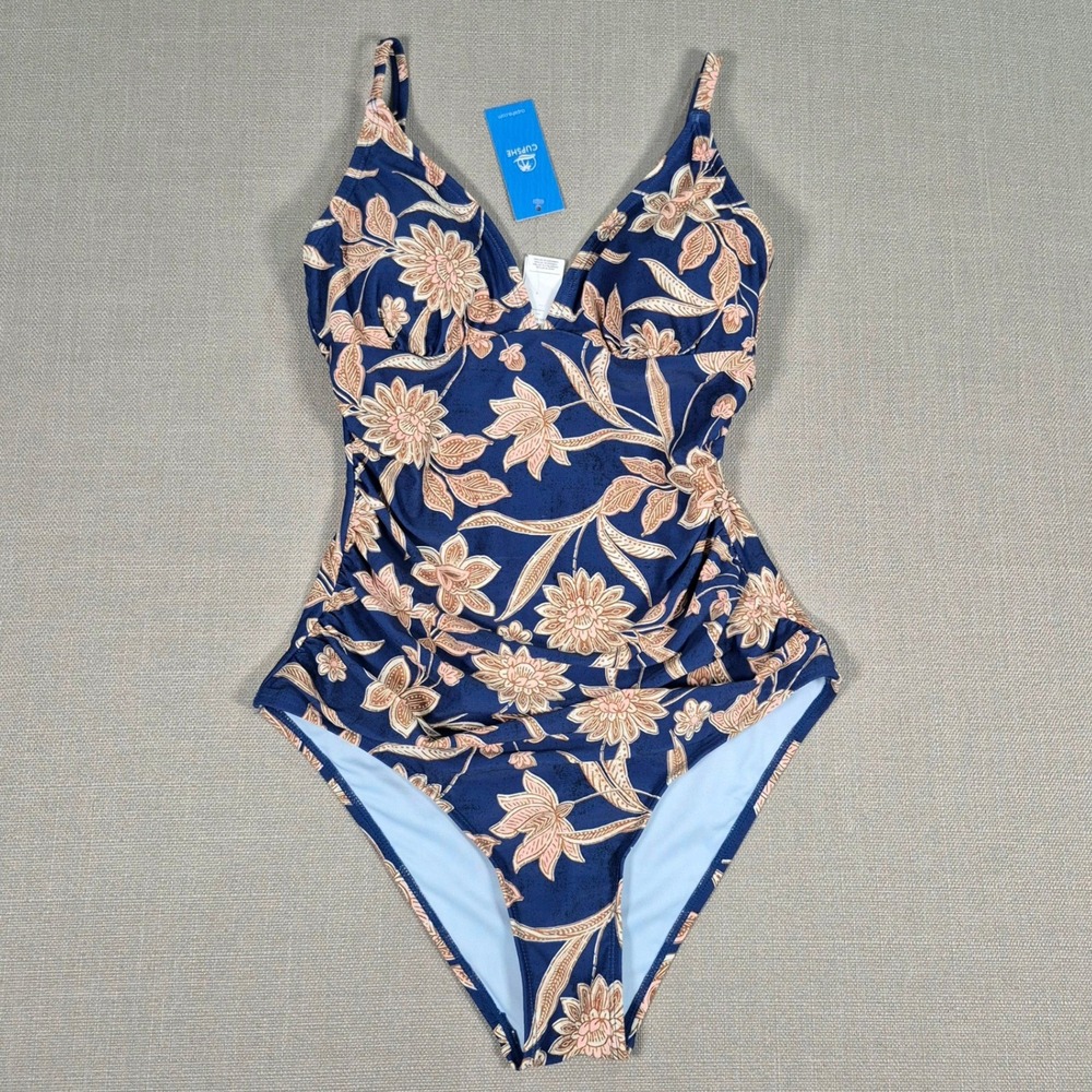 Cupshe Navy Blue Floral V-Neck Ruched Tummy Control Swimsuit Medium NWT